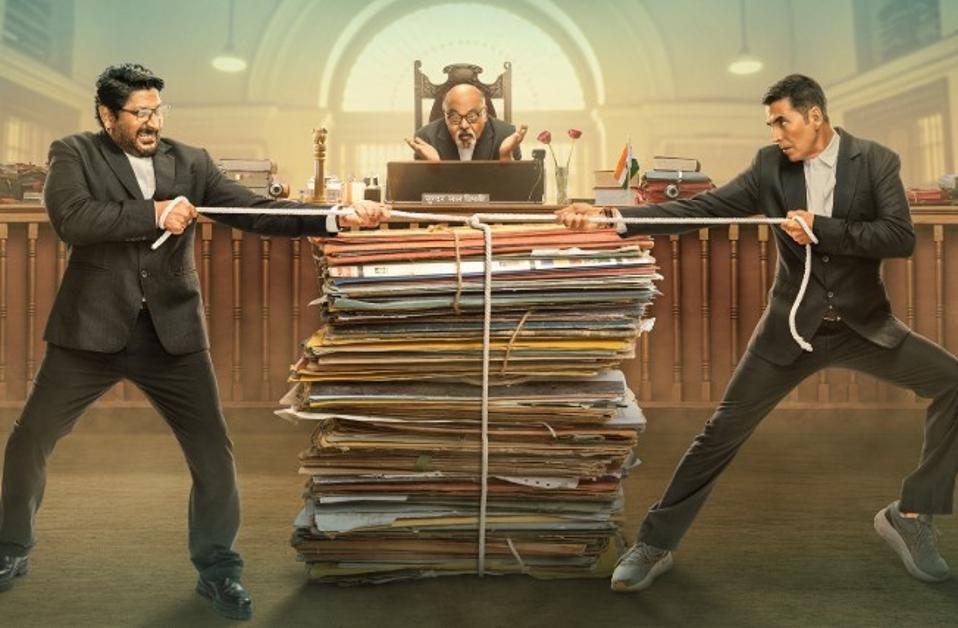 Indian stars Akshay Kumar, Arshad Warsi and Saurabh Shukla on a poster of the Bollywood film 'Jolly LLB 3'.