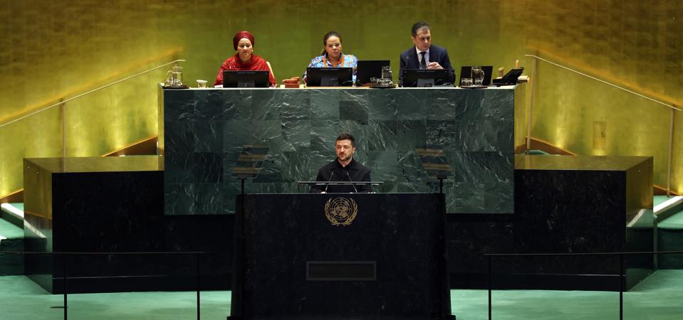President of Ukraine Volodymyr Zelensky speaks during the United Nations General Assembly (UNGA) at the United Nations headquarters on September 24, 2025 in New York City.