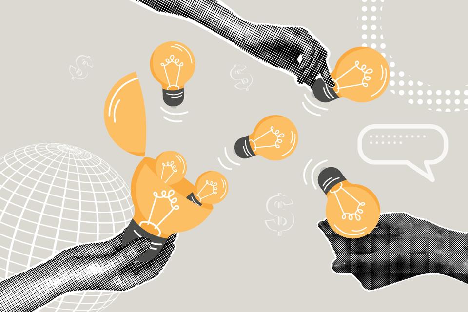 Contemporary halftone collage. Concept idea generation, invention and cognition, ready solution. Open light bulb with new ideas. Hands collecting ideas.
