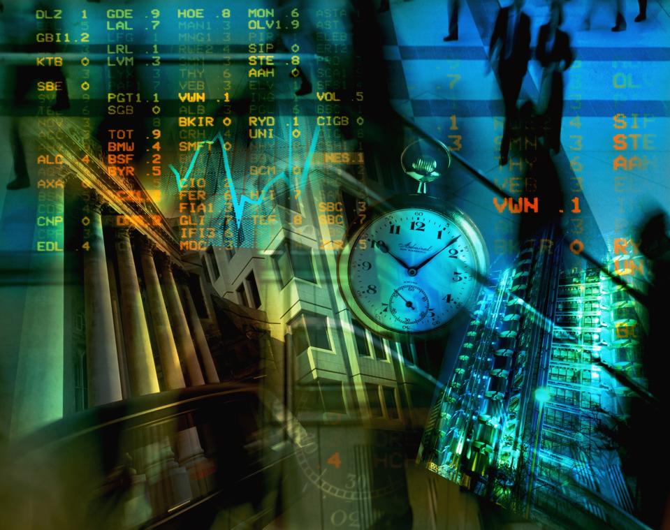 Data over London landmarks, office buildings & executives.