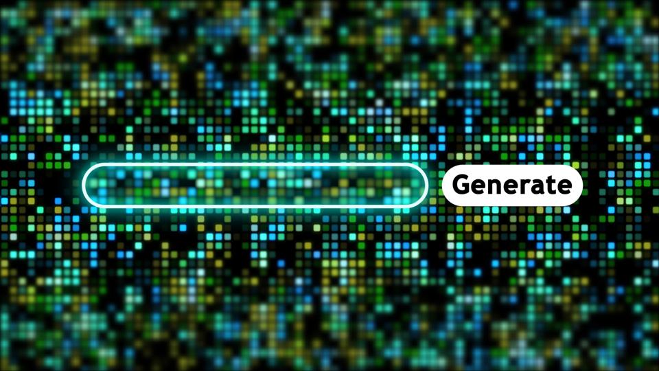 A glowing digital search bar with a “Generate” button on a colorful pixelated background, symbolizing Answer Engine Optimization (AEO) and the shift from search results to AI-generated answers.