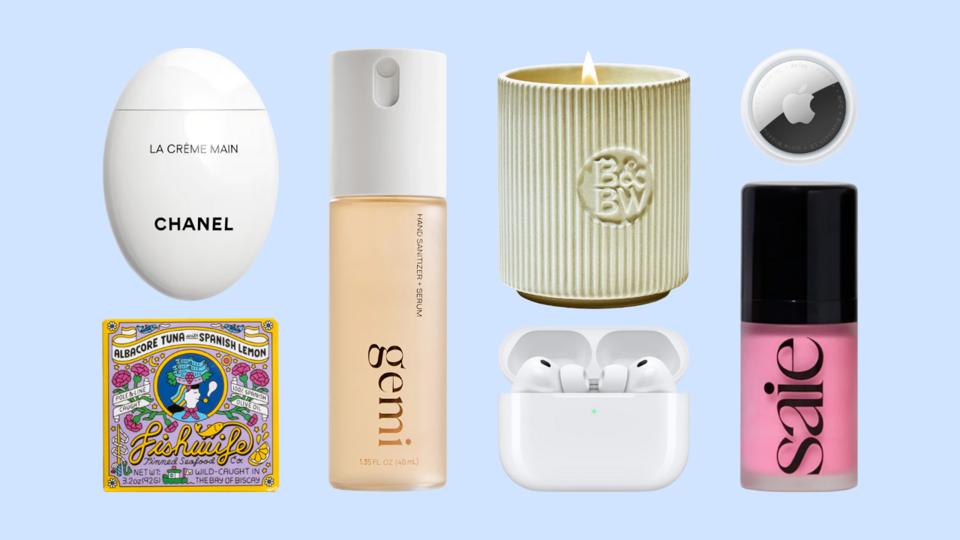 A collage of gifts including Chanel hand cream, Saie blush and more.