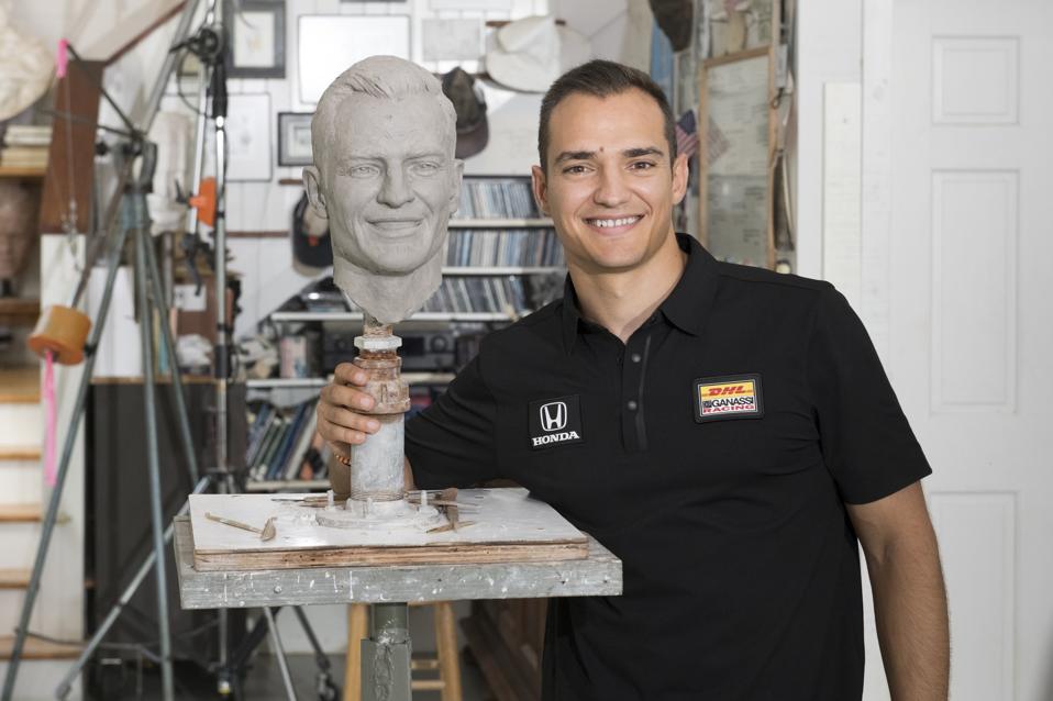 Alex Palou, 2025 Indianapolis 500 race winner formal sitting for Borg-Warner Trophy
