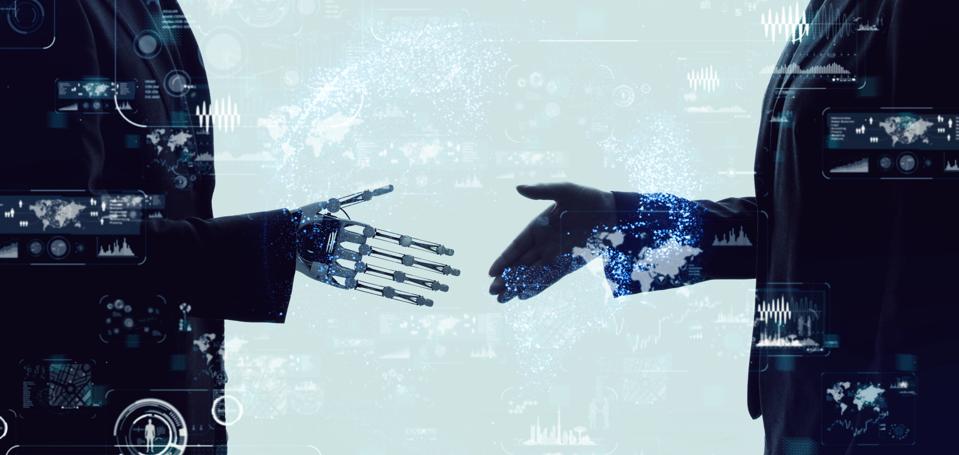 Business person and robot waving.
