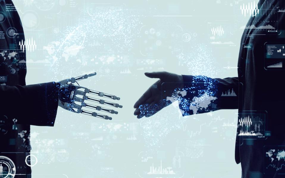 Business person and robot waving.
