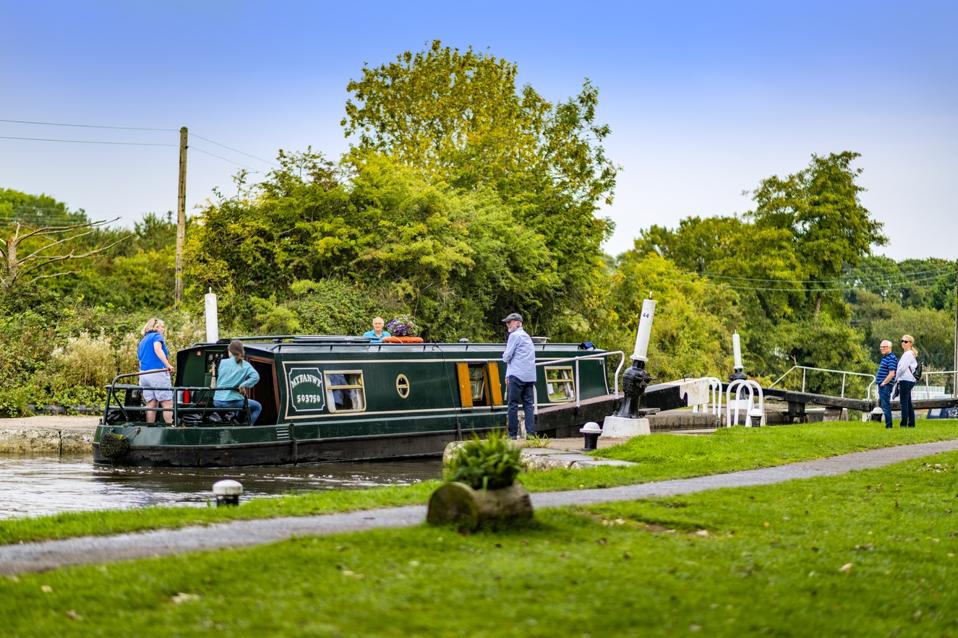 A view of the lock gates on the Grand Union Canal at Hatton Locks, England
