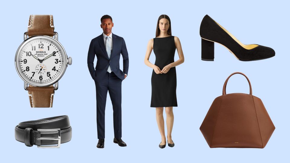 Interview outfits and accessories on a light blue background