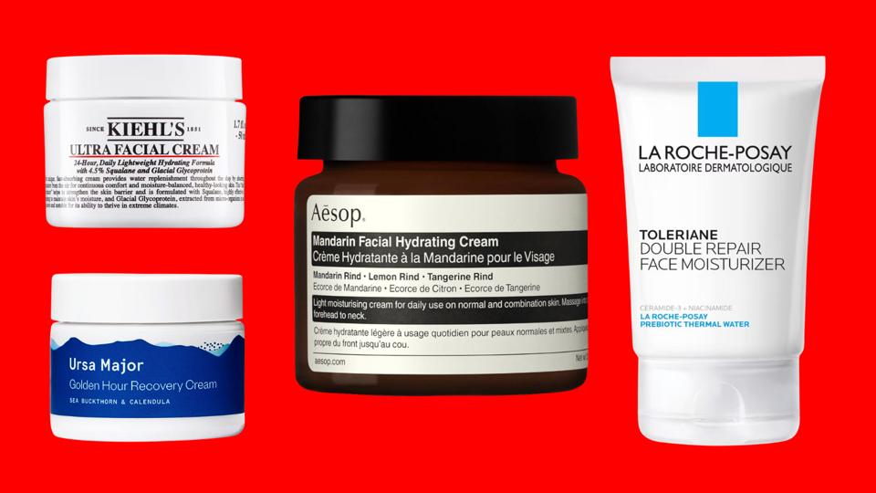 Four moisturizers on a red background.