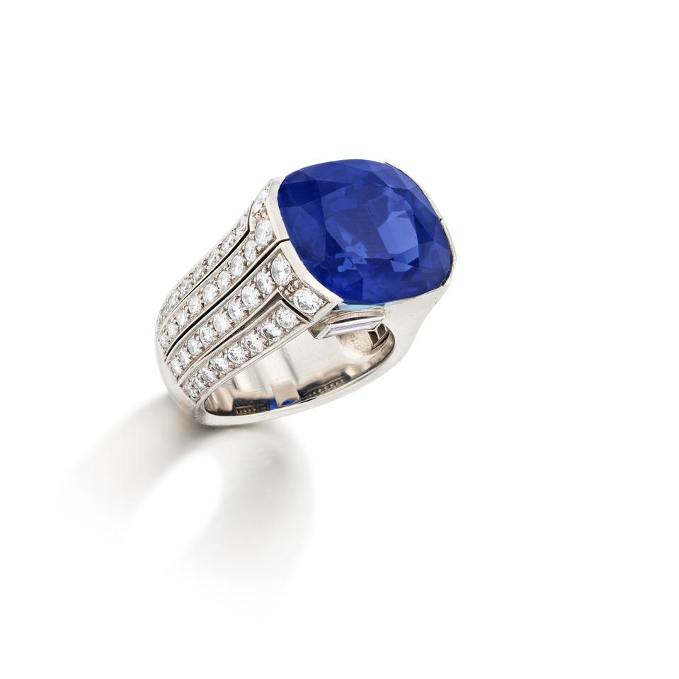 Cartier ring with an 18.25 carat cushion shape vivid blue Burmese sapphire. 