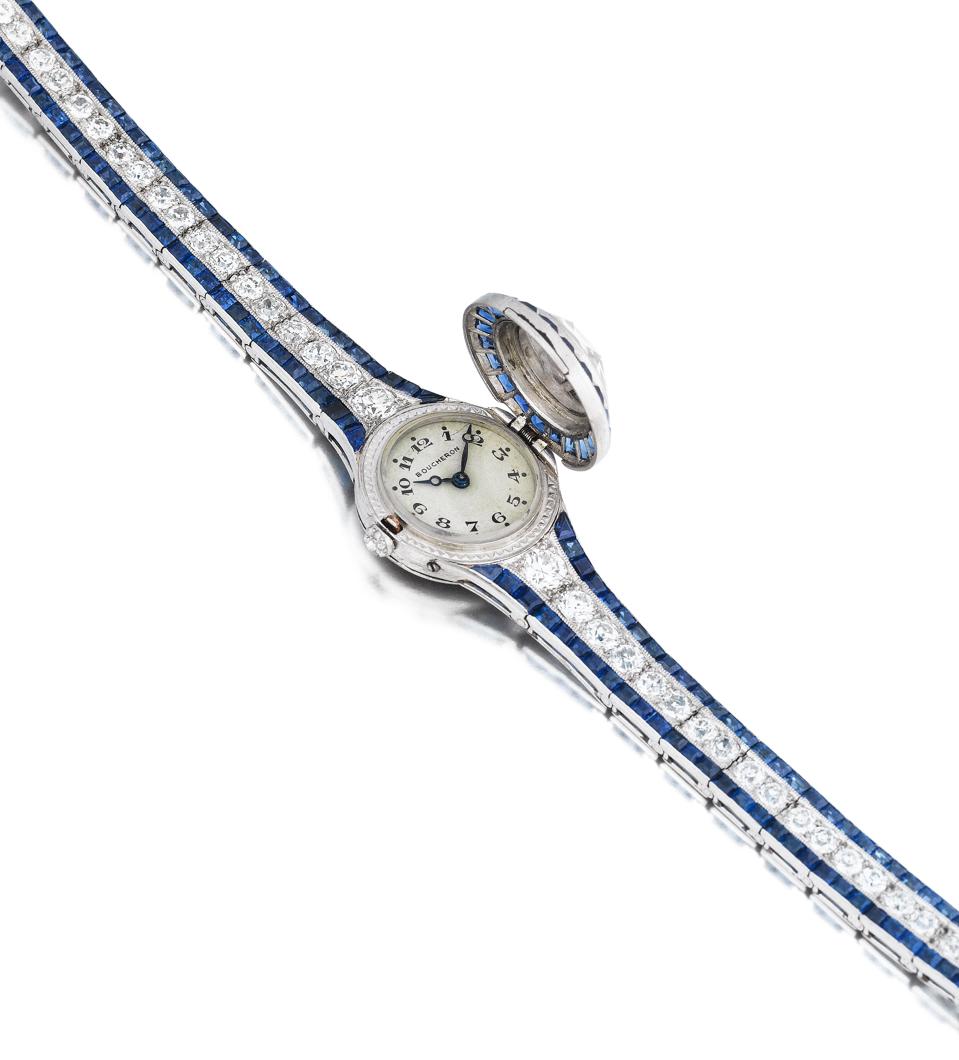 Boucheron bracelet with hidden watch of diamonds and sapphires. Estimate: $46,810-$93,620