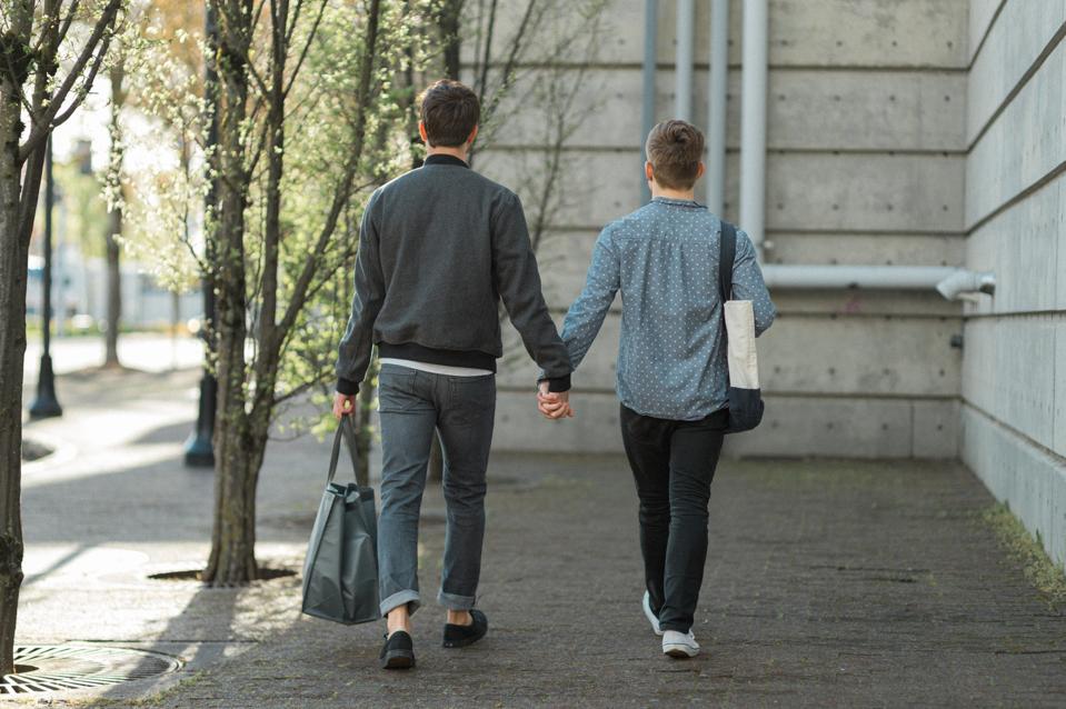 Couple walking to grocery store