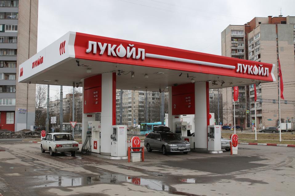 Lukoil logo seen outside a petrol station in St. Petersburg...