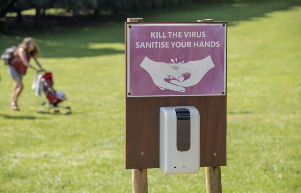 Cornwall, England, UK, Hand sanitizing point for the general public to use free of charge during Covid-19 in a Cornwall park area.