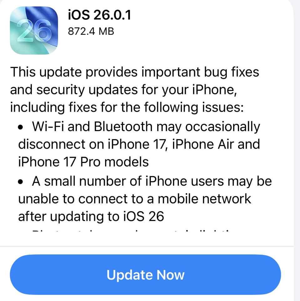 Apple iOS 26.0.1 displayed on an iPhone 16 Pro screen