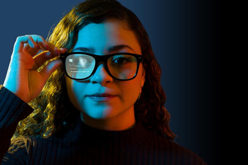 Caucasian woman with AR glasses experiencing augmented reality
