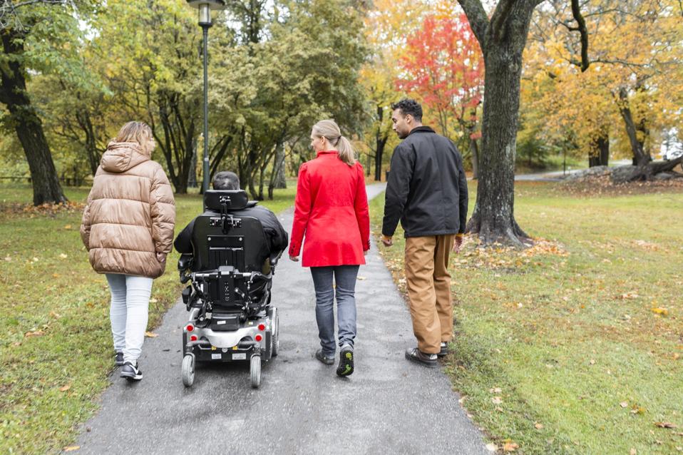 Family walking through park