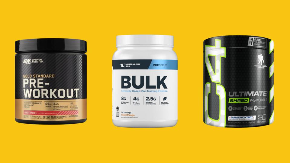 Optimum Nutrition, Transparent Labs and C4 pre-workout blends on a yellow background