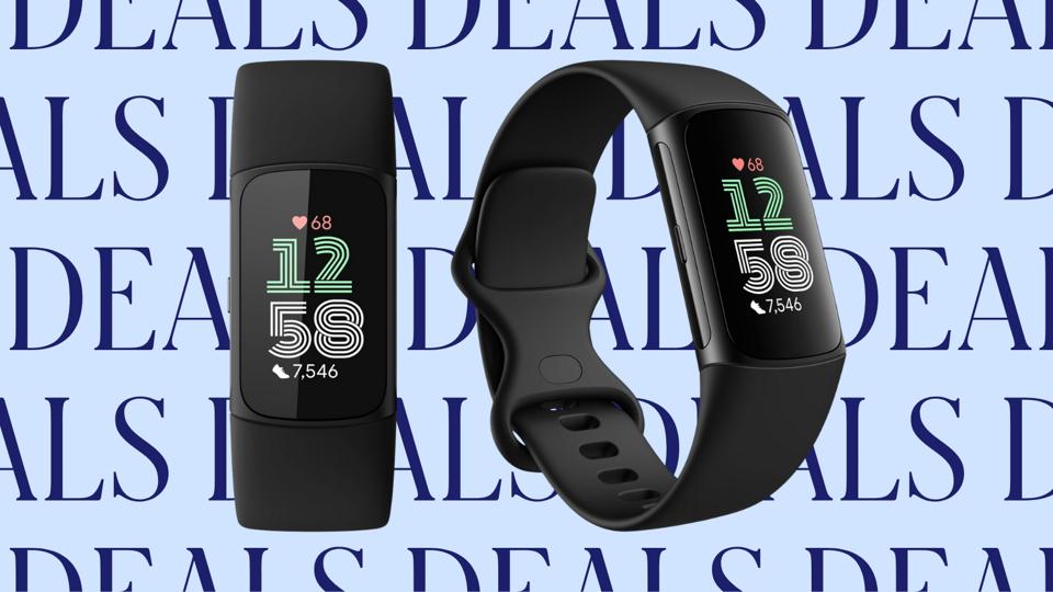 Two images of a black Fitbit Charge 6 on a blue stylized background that says Deals.