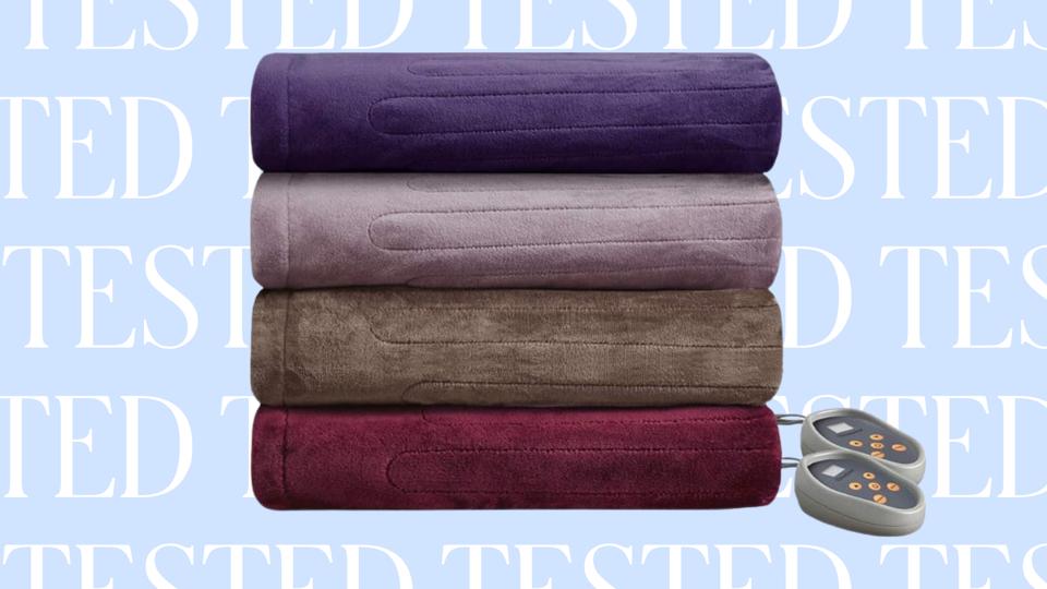 Four stacked heated blankets in different colors against a "Tested" background