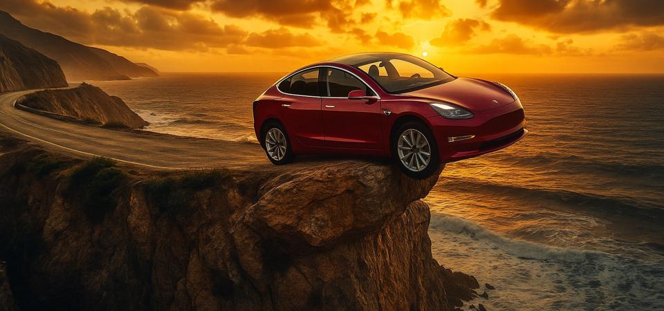 An EV teetering on the edge of a cliff