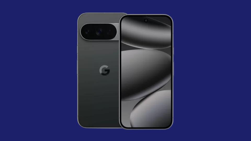 The Google Pixel 10 Pro in a black against a dark blue background.
