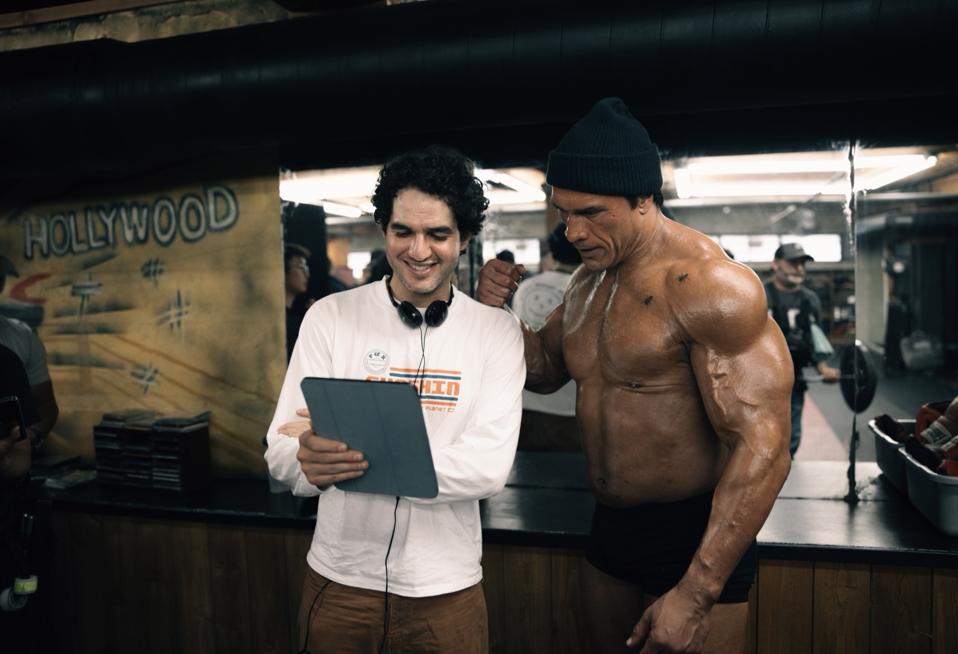 Benny Safdie and Dwayne Johnson on the set of "The Smashing Machine"