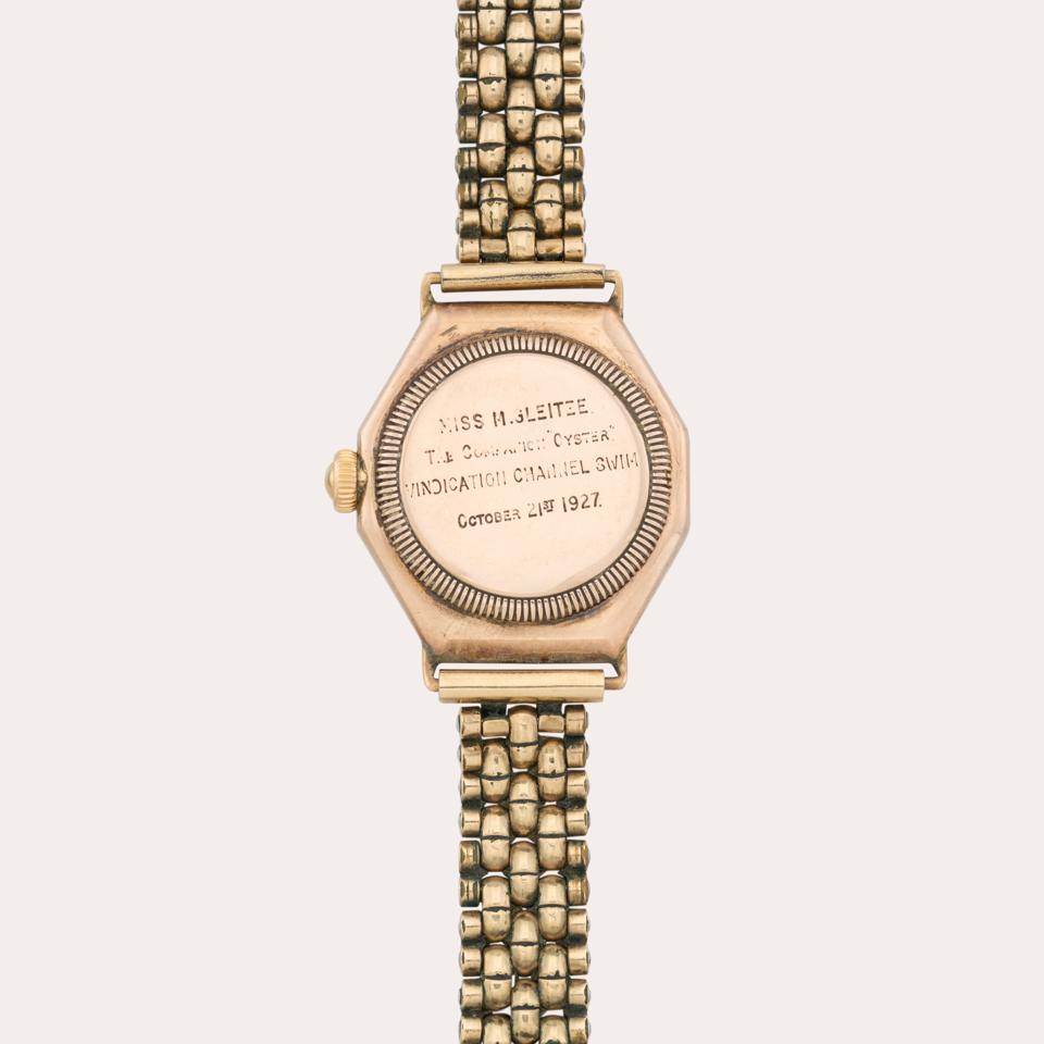 The engraved caseback of the unique Mercedes Gleitze Rolex Oyster Watch