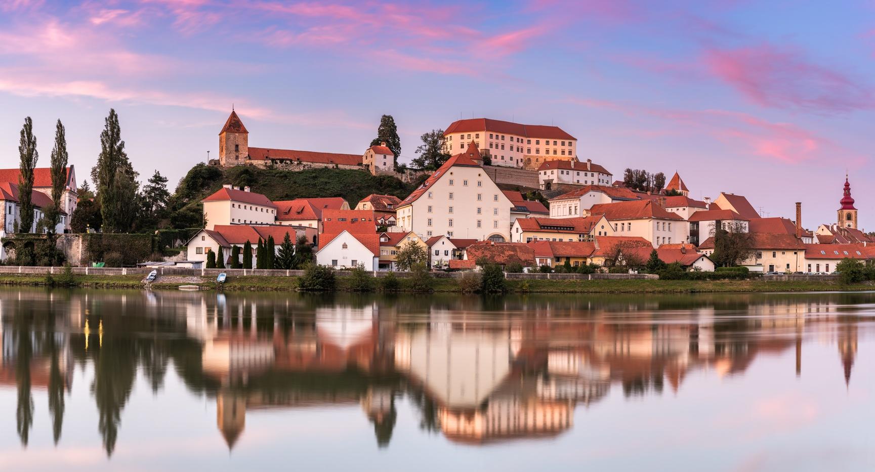 Sunset over Ptuj City in Slovenia.