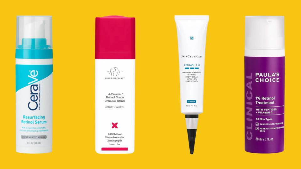 Four retinol creams against a yellow background
