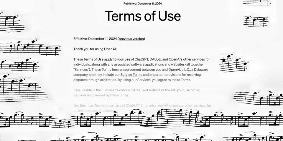 An excerpt from OpenAI's terms of use in black and white, surrounded by musical notes 