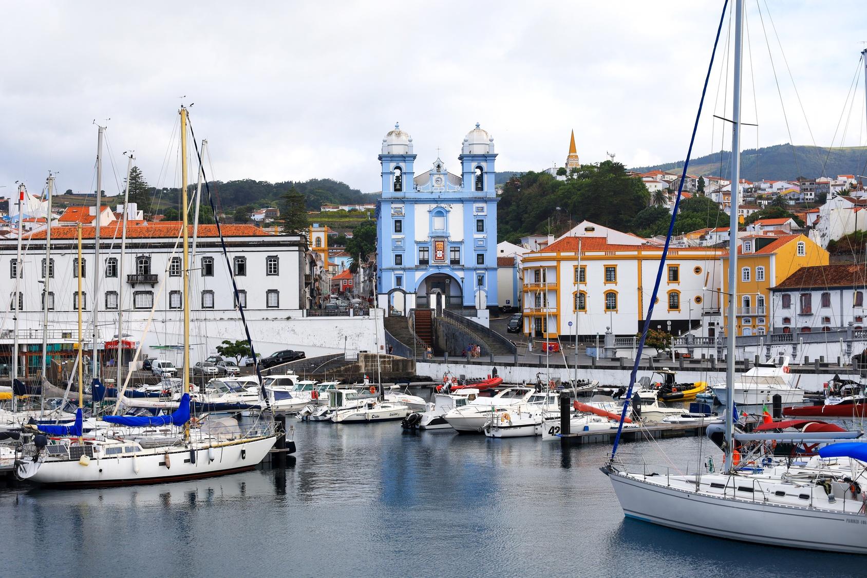 View of the city of Angra do Heróismo on Terceira Island and the church of Misericórdia from the bay of Angra