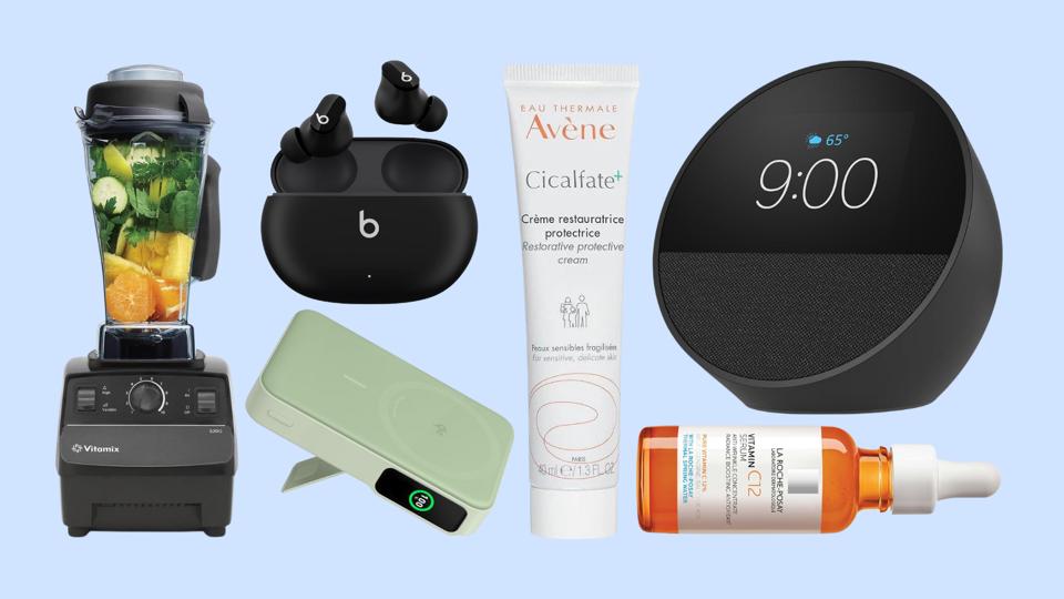 Collage with Vitamix blender, Studio beats buds, Amazon echo smart clock and more.