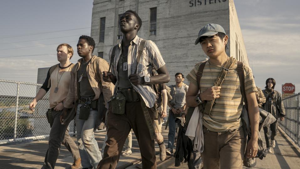 Cooper Hoffman, David Jonsson, Tut Nyuot and Ben Wang in "The Long Walk."