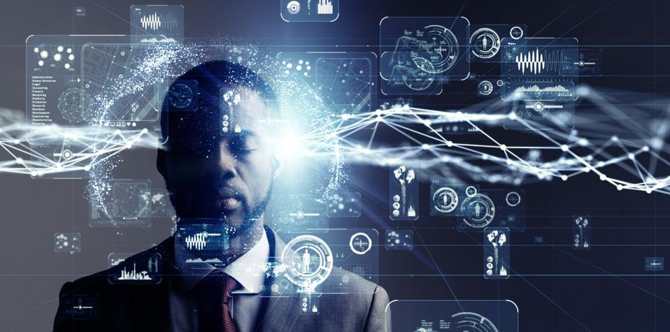 Image of a man with visuals that represent him communicating just with thoughts.