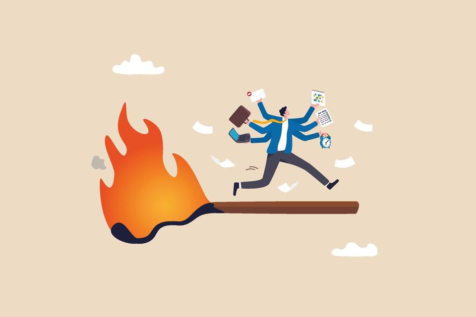 Toxic productivity, panic or burnout employee, overworked to finish work within timeline, hurry to complete multitasking or urgent work schedule concept, productive businessman on burning matchstick.
