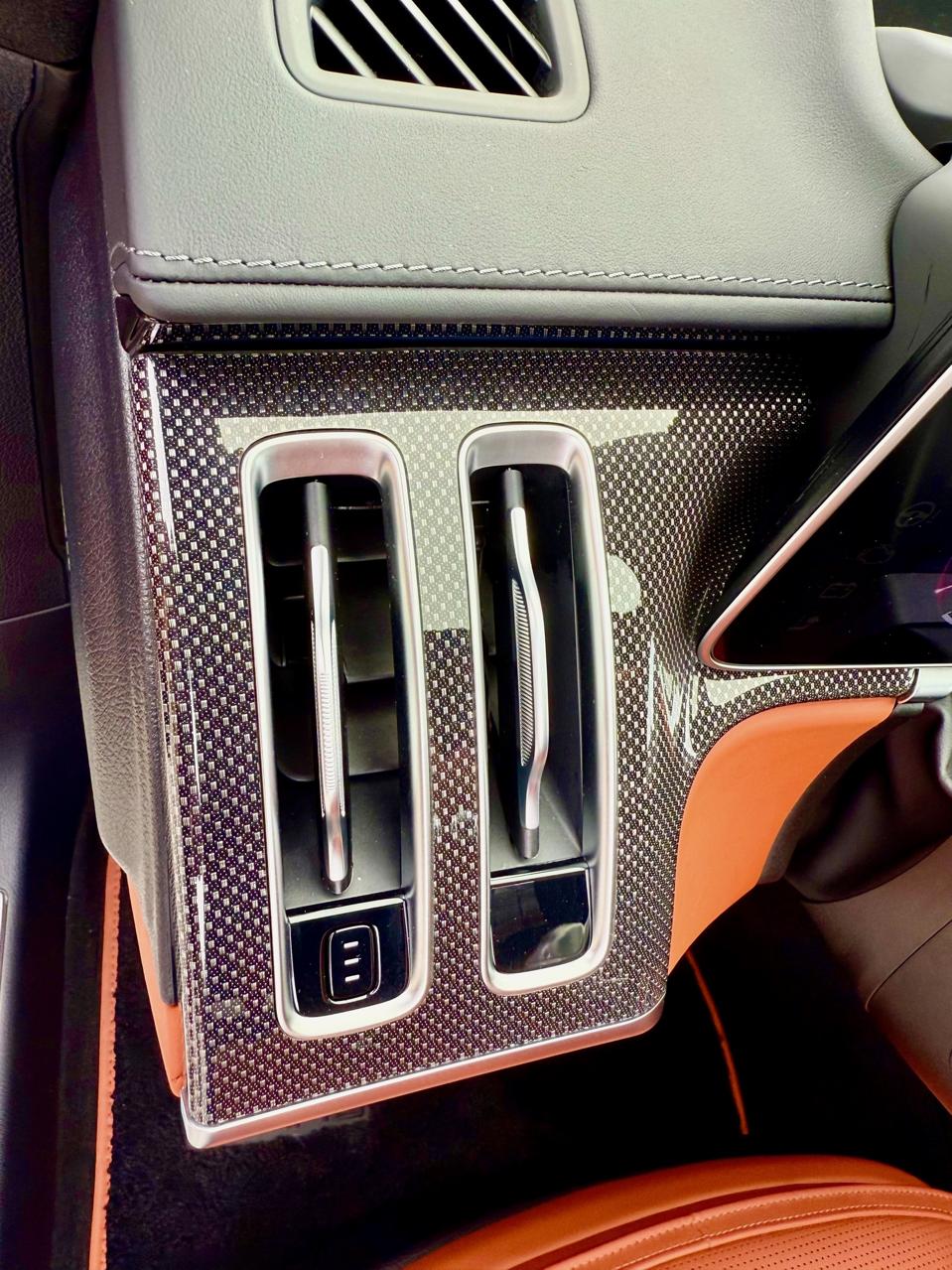 Trim in the test car was carbon-fiber. 