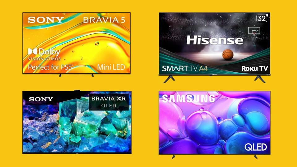 A collage of four TVs on a yellow background.