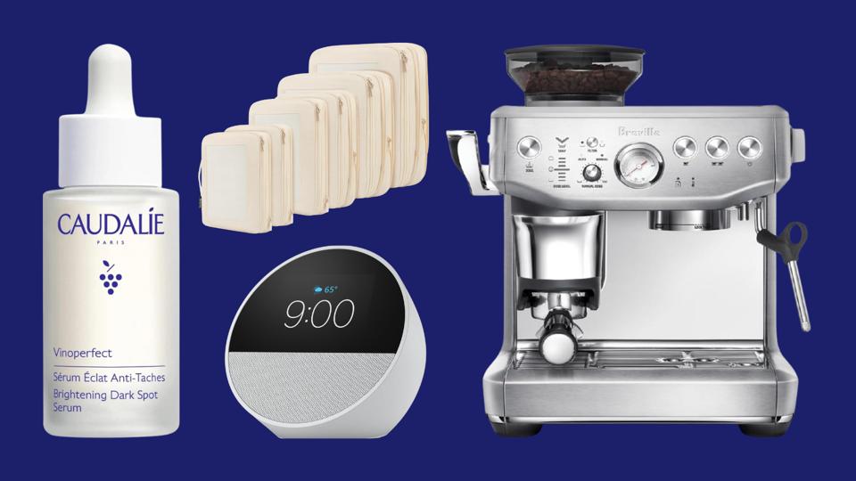 Collage of facial serum, packing cubes, speaker and espresso machine. 