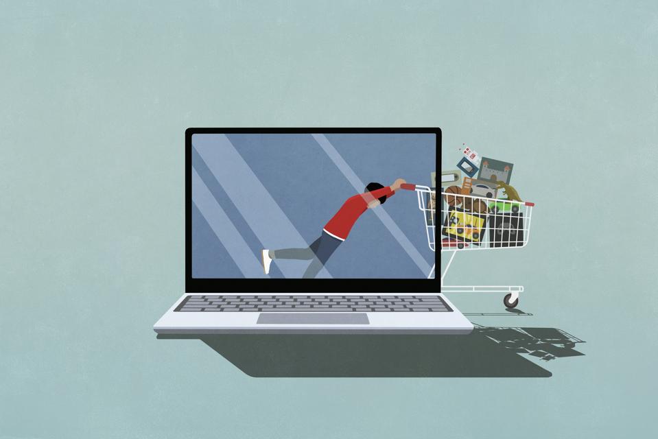 Digital image of a laptop. On the screen is a young person pushing a full shopping cart off the screen and out into the space next to the laptop. E-commerce versus in-person shopping