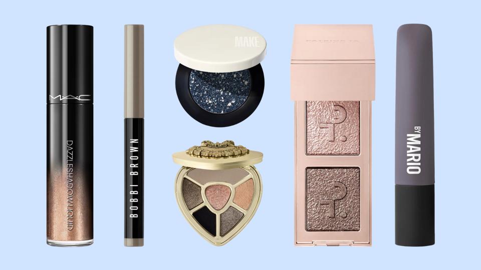 Six eyeshadows on a light blue background