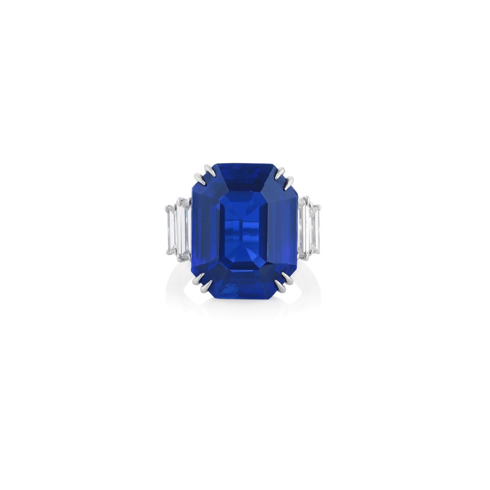 A diamond ring with an 18.09-carat step-cut Kashmir. Its estimate is $2.2 - $2.8 million