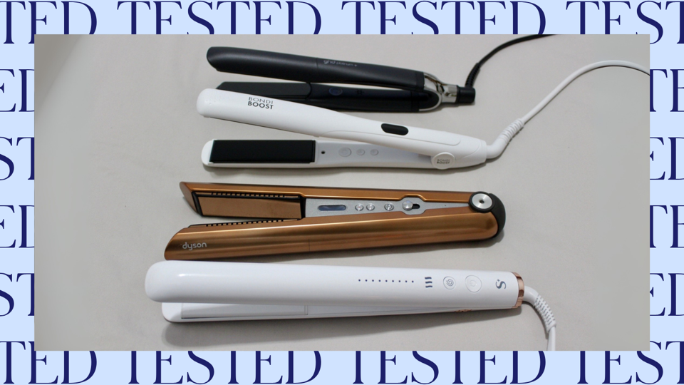 Four hair straighteners on a white countertop surrounded by a blue border