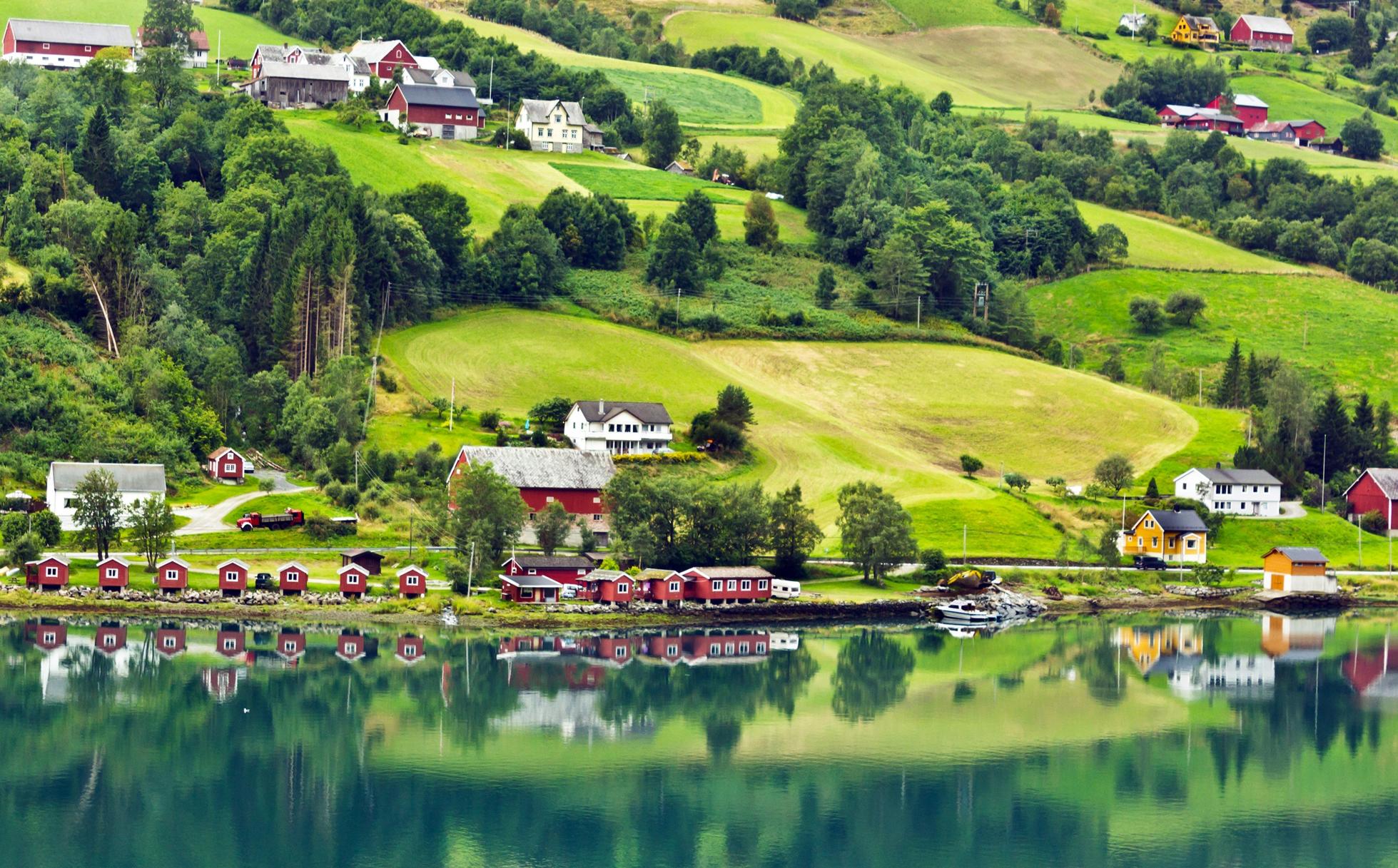 Norway - green village Olden in Norwegian fjords.
