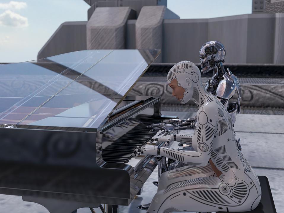 Close up of a robot and a woman playing piano