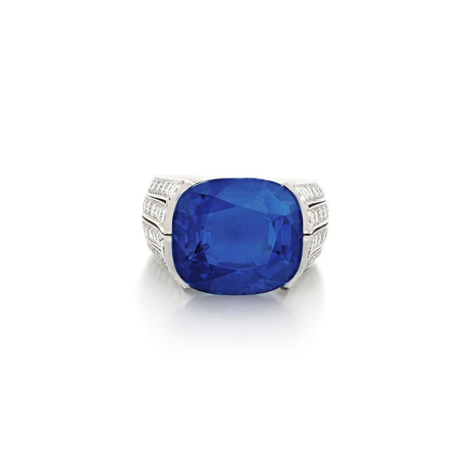 Cartier ring with 18.25 carat cushion shape vivid blue Burmese sapphire sold for $653,908
