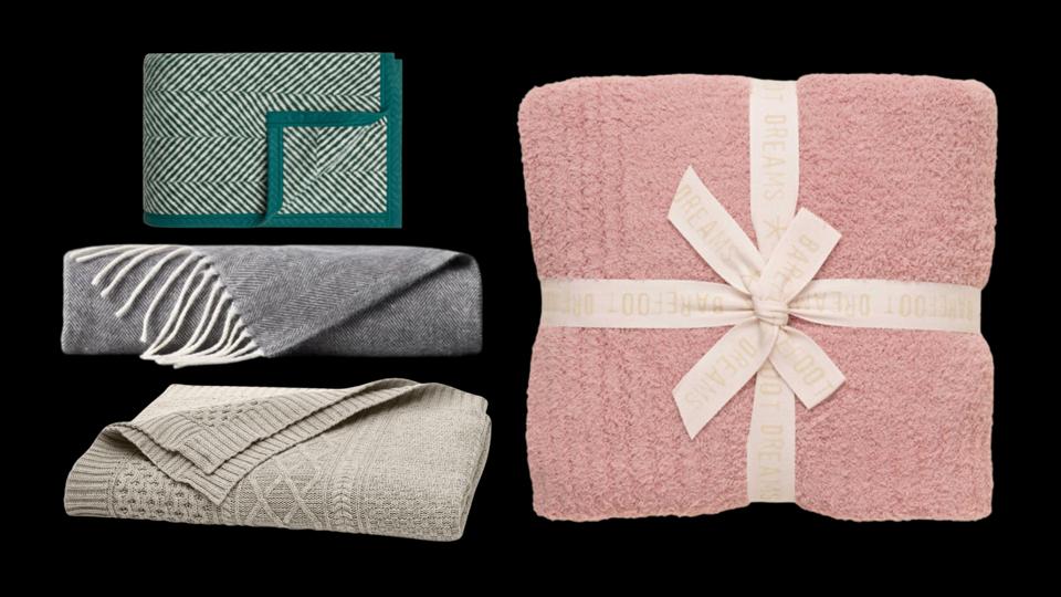 Four different types of folded throw blankets against a black background