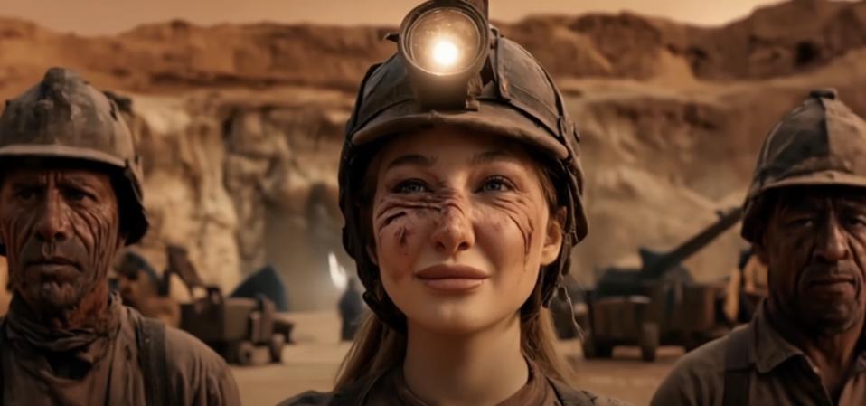 Digital versions of three actors look ahead in sepia-toned shot, wearing mining hats