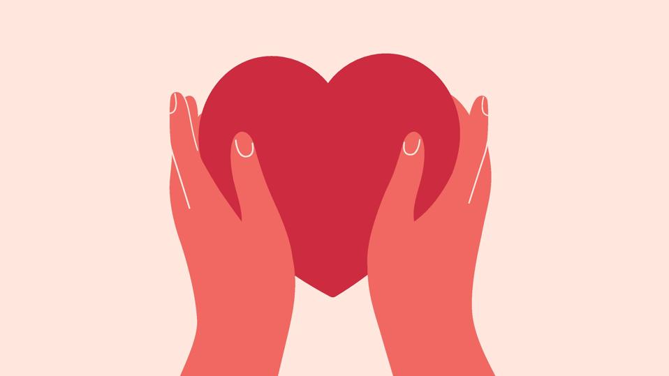 Two hands hold big red heart. Concept of love, charity, philanthropy and donation. Vector illustration