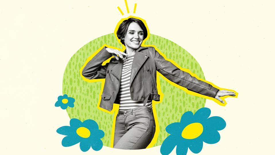 Collage artwork minimal picture of smiling dreamy lady enjoying spring coming isolated beige color background