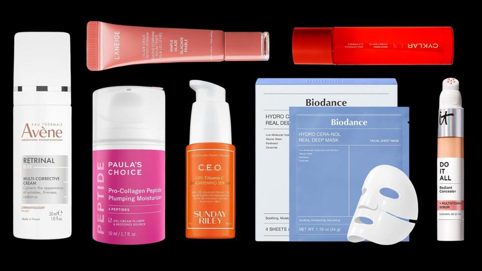 A collage of several beauty products on a black background.